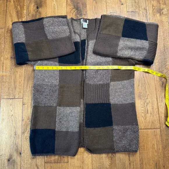 Vintage Knit Wool Blend Brown Color Block Cardigan Sweater Sz L Wide Sleeve - Picture 4 of 6